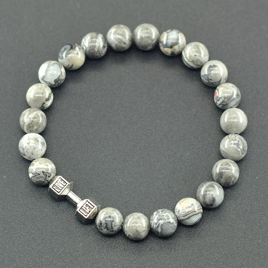 Natural Volcanic Stone Bracelet Men Matte Black Lava Obsidian Beads Charm Dumbbell Strand Bracelet Women Barbell Fitness Jewelry  (GoldenCity)