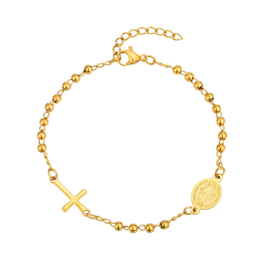 Metal Virgin Mary Saint Benedict Cross Bracelet, Stainless Steel Bead Pearl Chain Bracelets For Women Religious Jewelry  (GoldenCity)