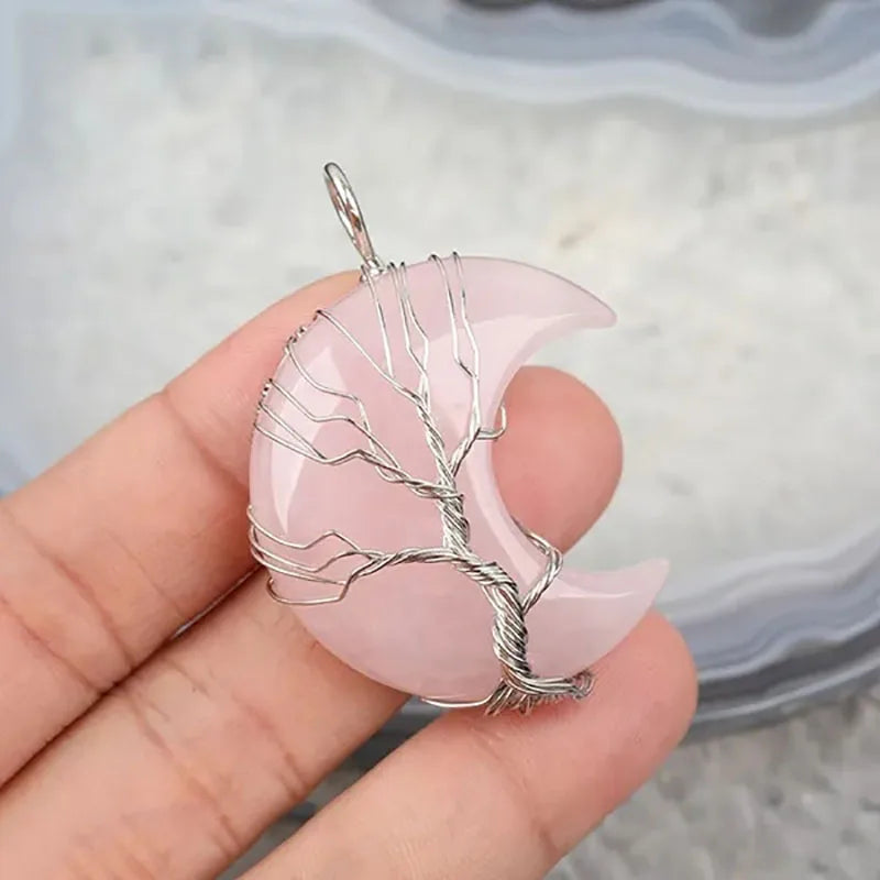 Natural Crystal Pendant Wire Wrap Tree Of Life Big Moon Crescent Mineral Stone Pendulum Amethyst Quartz Necklace For Women Gift  (GoldenCity)