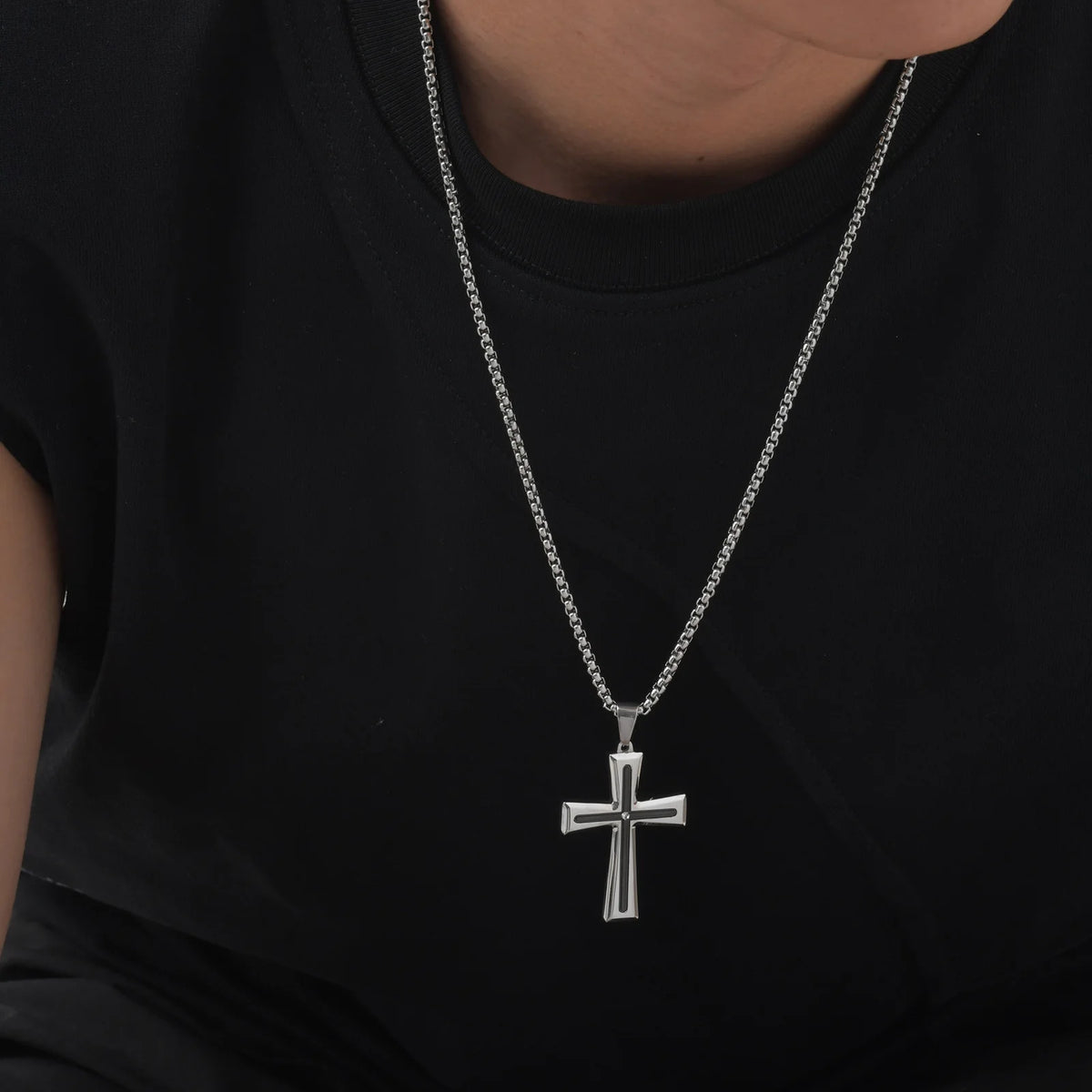 Cubic Zirconia Stone Centered Cross Necklaces for Men, Black Silver Color Stainless Steel Pendant,Religious Accessory Gift  (GoldenCity)