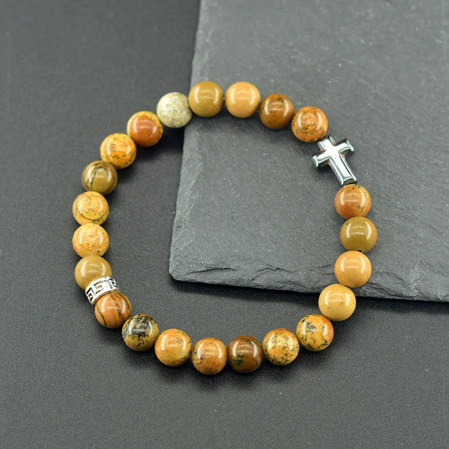 Prayer Cross Charm Natural Stone Beads Bracelet Men Women Rosary Hematite Cross Bracelet Onyx Meditation Bracelet Yoga Jewelry  (GoldenCity)