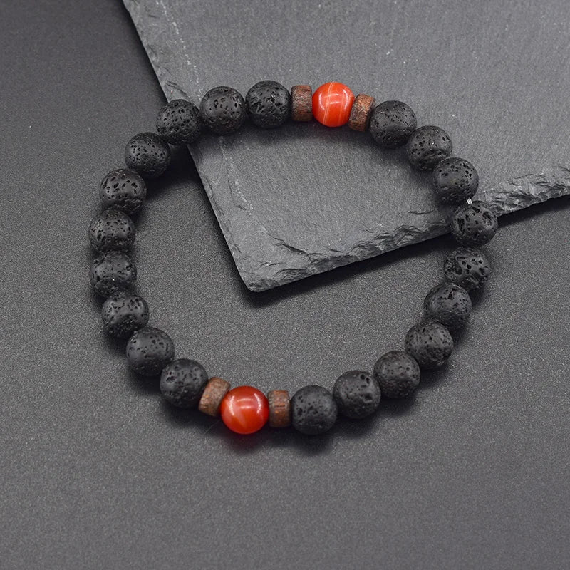 Natural Stone Red Stripe Agate Beads Bracelet Women Men Genuine Red Carnelian Round Bangle Natural Volcanic Stone Bracelet Gift  (GoldenCity)