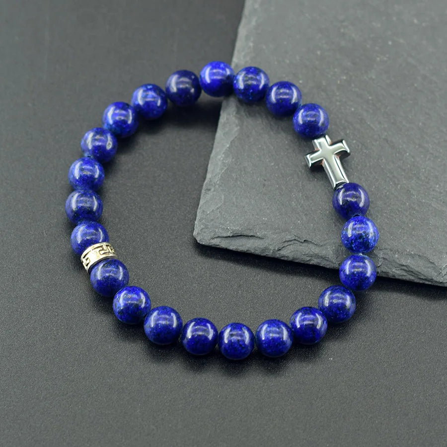Prayer Cross Charm Natural Stone Beads Bracelet Men Women Rosary Hematite Cross Bracelet Onyx Meditation Bracelet Yoga Jewelry  (GoldenCity)