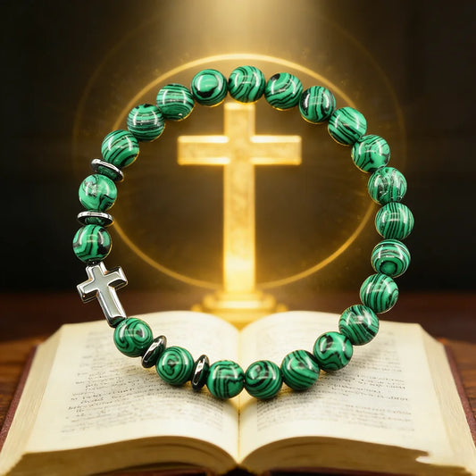 Cross Charm Natural Stone Bracelet Malachite Beaded Bracelet Handmade Men Women Prayer Fitness Chain Couple Matching Jewelry  (GoldenCity)