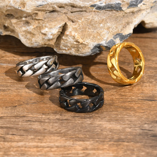 Men Vintage Oxidized Stainless Steel Rings, Links Shaped Finger Band, Punk Rock Male Alliance  (GoldenCity)
