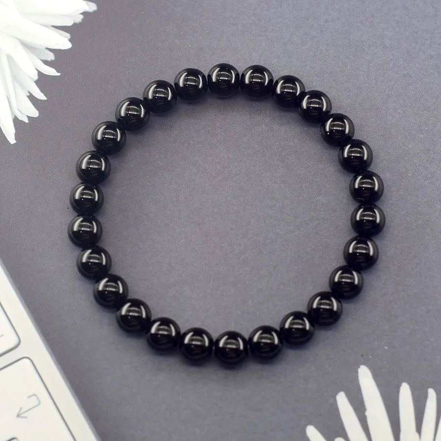 Classic Black Obsidian Onyx Bead Bracelet for Men Natural Stone Shiny Black Obisidian Handmade Bracelet Ward off Evil Jewelry  (GoldenCity)