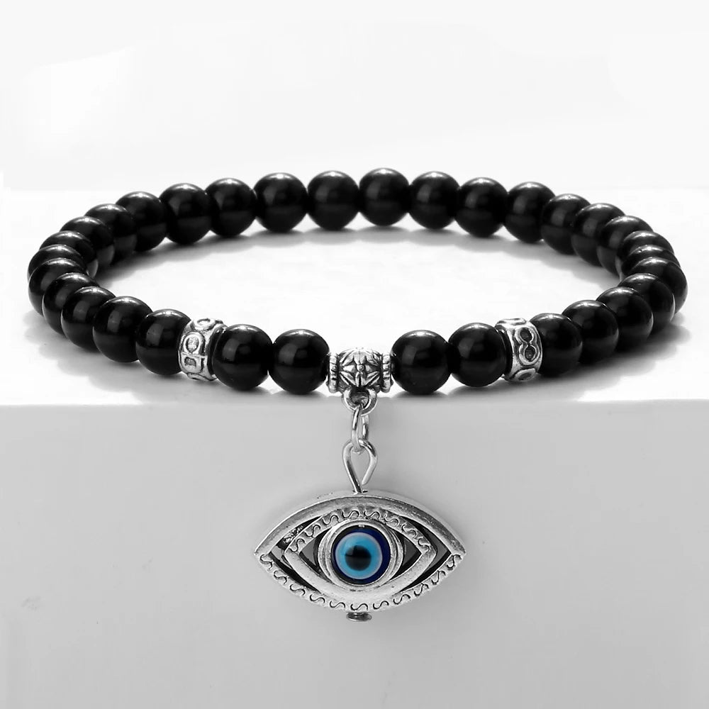 New 6MM Black Polish Beaded Bracelet Lucky Turkish Evil Eye Alloy Pendant Couple Bracelet&Bangles Chain Jewelry Gift for Friend  (GoldenCity)
