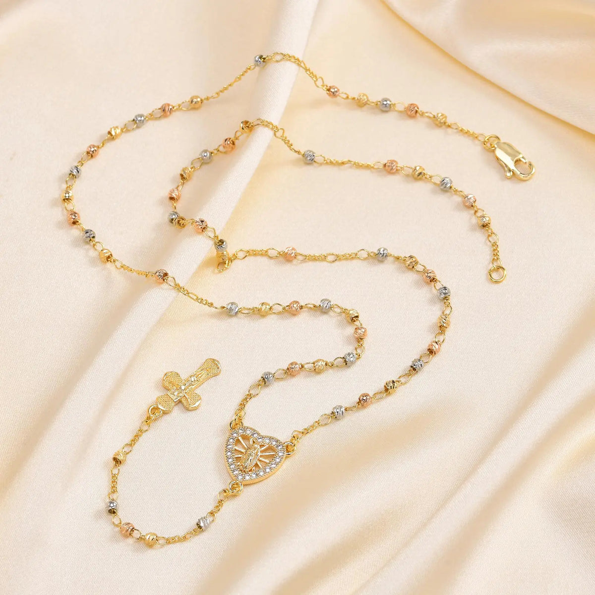 Virgin Mary Heart Rosary Necklaces for Women Men, Gold Plated Cross Prayer Collar, Long Sweater Chain Necklace  (GoldenCity)