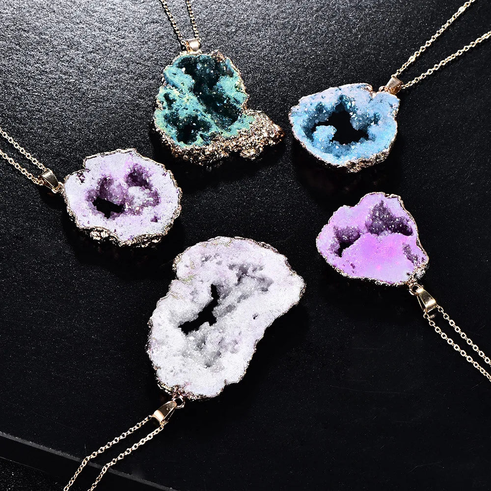 Natural Irregular Agate Charms Geode Quartz Slice Crystal Druzy Pendant Necklace DIY Jewelry Making Natural Agate Slice Necklace  (GoldenCity)