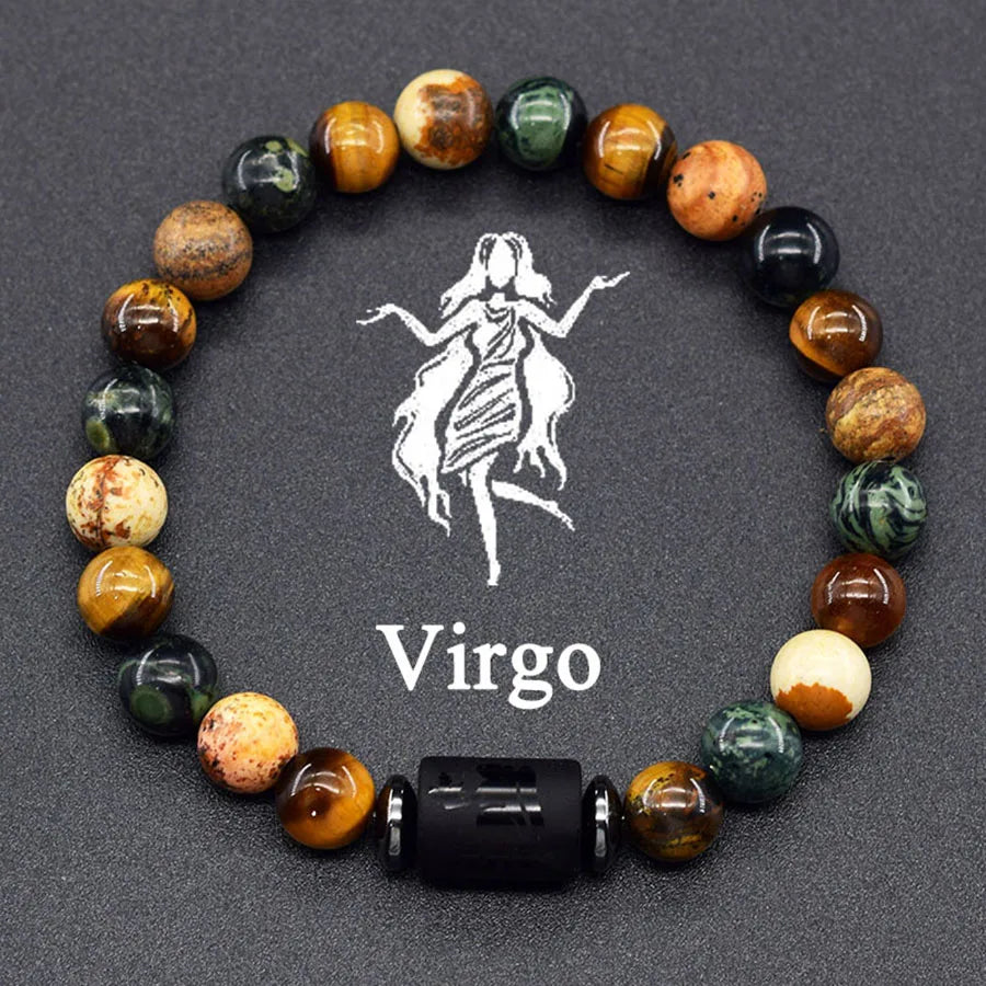 12 Zodiac Sign Bracelet Homme Constellation Bangle Natural Yellow Tiger Eye Stone Hematite Cancer Virgo Leo Libra Bracelet Women  (GoldenCity)