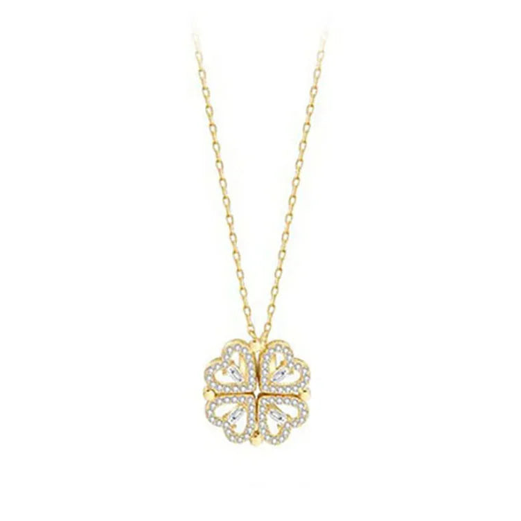 1pc Heart Shaped Four Leaf Clover Pendant Necklace Jewelry Zircon Women Love Clavicle Chain Gifts Openable ChokerJewelry  (GoldenCity)