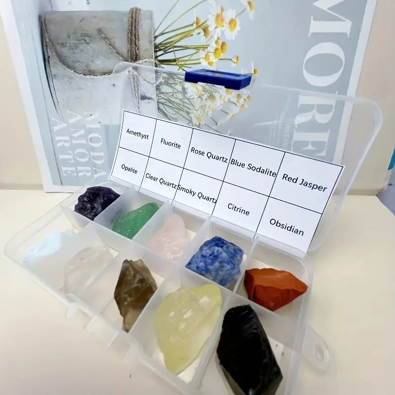 10PCs/Box Natural Crystal Rough Raw Set Energy Gemstones Rough Rocks And Mineral Chakra Stone With Box  (GoldenCity)