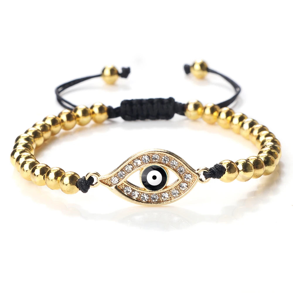 New Turkish Evil Eye Copper Beads Braided Bracelet Women Men Gold Color Healing Yoga Couple Bracelet&Bangles Chain Jewelry Gift  (GoldenCity)