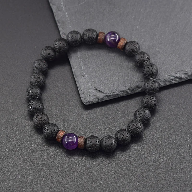 8mm Black Volcanic Beads Bracelet Men Natural Amehyst Crystal Bracelet for Women Body-Purfying Genuine Amethyst Natural Pulsera  (GoldenCity)