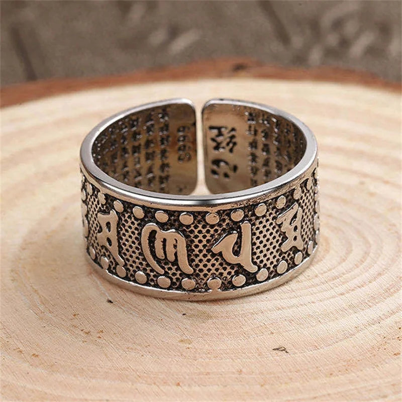 Retro Buddhism Heart Sutra Ring for Men Jewelry Wide Open Ring Male Buddha Mantra Iscripture Index Finger Accessories  (GoldenCity)