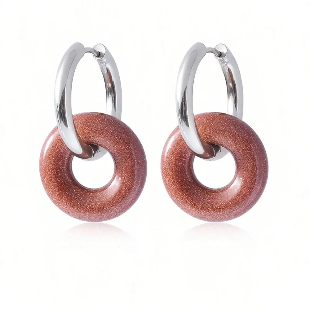 1pair Natural Stone Donut Shaped Stainless Steel Hoop Earrings Ladies Fashion Pink Crystal Agate Malachite Round Women Earrings  (GoldenCity)