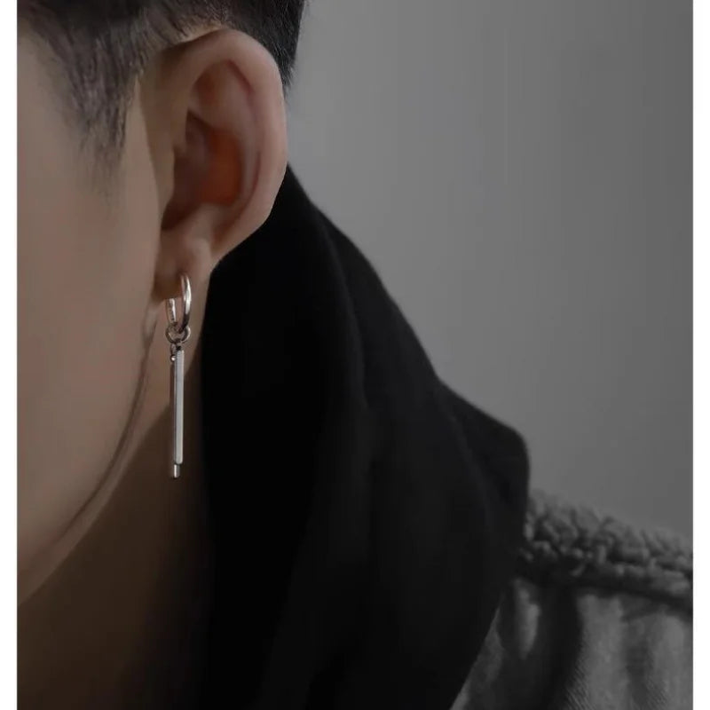 Trendy Men Earrings Minimalist Long Strip Double Stick 925 Sterling Silver Ear Buckle Male Cool Personality Dropping Earrings  (GoldenCity)