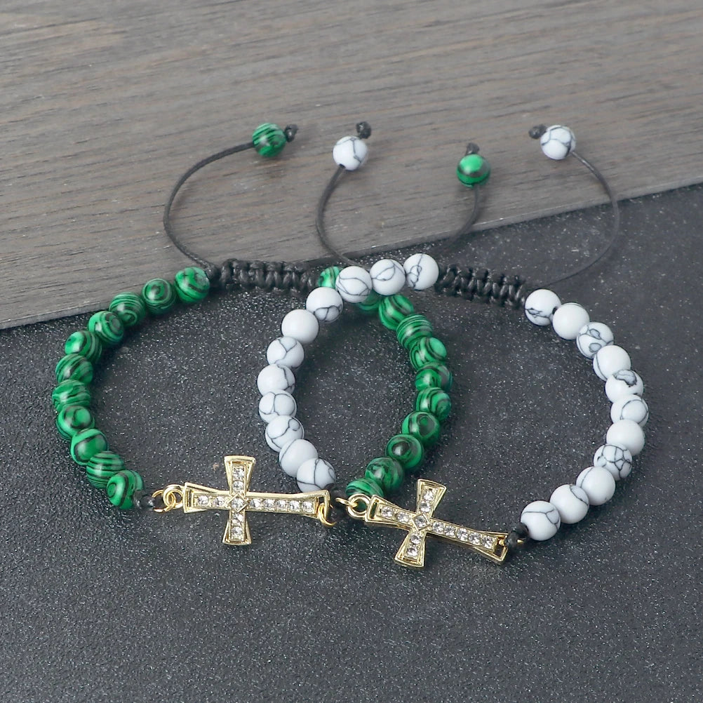 New Charm Jesus Cross Pendant Braided Bracelet 6mm Black Matte Malachite Couple Bracelet Women Men Healing Jewelry Gift  (GoldenCity)
