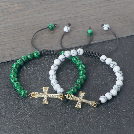 New Charm Jesus Cross Pendant Braided Bracelet 6mm Black Matte Malachite Couple Bracelet Women Men Healing Jewelry Gift  (GoldenCity)