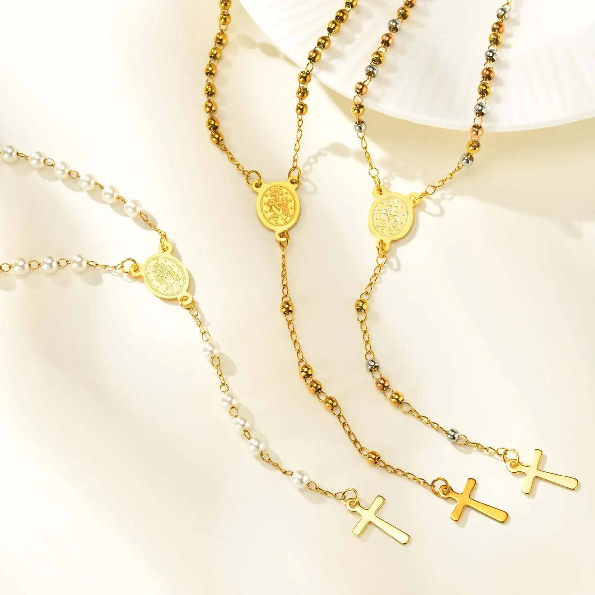 Stylish Stainless Steel Virgin Mary Necklaces, Multiple Beads Chain Cross Pendant, Long Sweater Chain Jewelry For Women  (GoldenCity)