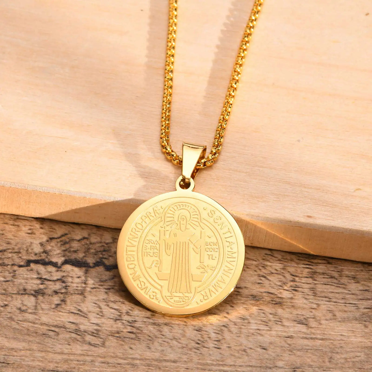 Men Saint Benedict Medal Necklace, Gold Color Stainless Steel Christian Sacramental Catholic Jewelry Gift,with Box Chain  (GoldenCity)