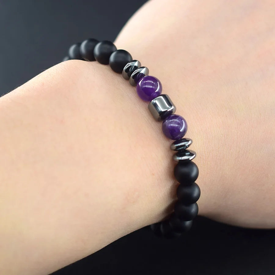 Natural Amethyst Crystal Beads Bracelet Women Hematite Cylinder Meditation Healing Purify the Soul Jewelry Pulseras Hombre Gift  (GoldenCity)