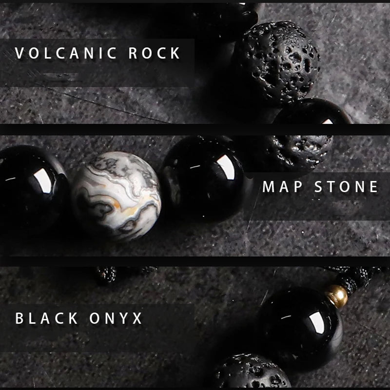 Dark Series Retro Natural Black Onyx Volcanic Rock Map Stone Beads Bracelet Homme Copper Accessories Lava Jewelry for Women Gift  (GoldenCity)