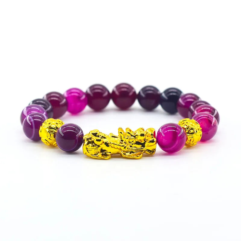 Pixiu Bracelet Feng Shui Wealth and Good Luck Bracelet Homme Wristband Gold Color Obisidian Stone Beads Black Six Character Gift  (GoldenCity)