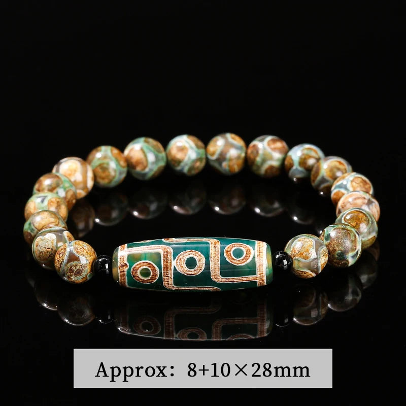 Natural Green Nine Eyes Tibetan Dzi Agate Barrel Beads Bracelet Women Men Retro Healing Buddha Prayer Charm Yoga Jewelry Gift  (GoldenCity)
