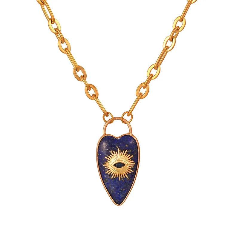 1pc Devil's Eye Heart Natural Stone Pendant Amethyst Pink Crystal Necklace for Women Jewelry Gift  (GoldenCity)