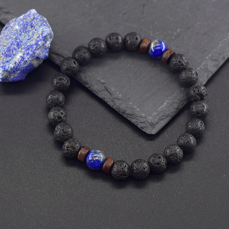 Real 5A Natural Lapis Lazuli Stone Beads Bracelet Homme Volcanic Lava Elastic High Quality Energy Healing Jewelry for Women Gift  (GoldenCity)