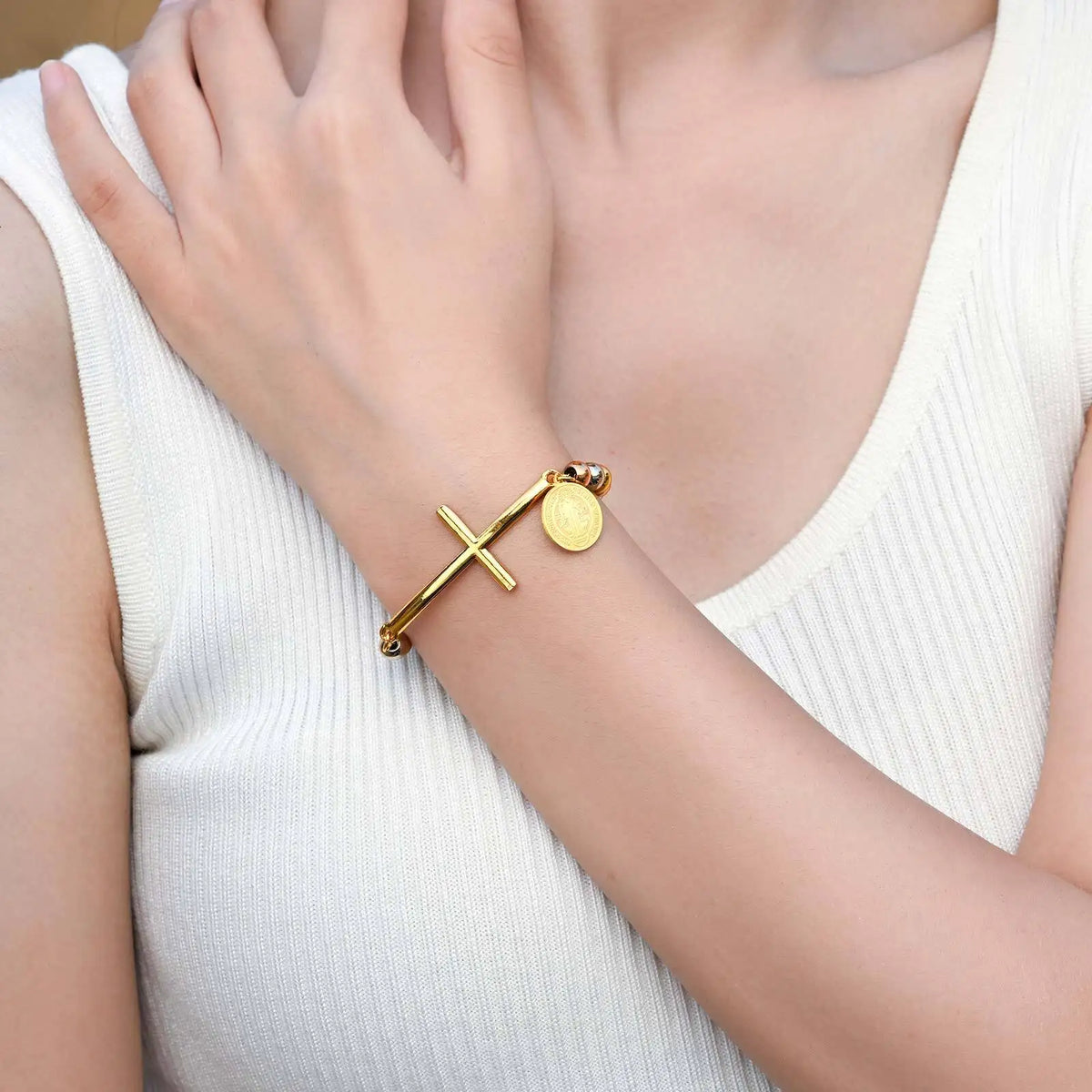 Virgin Mary St. Benedict Cross Bracelet For Women, Stainless Steel Gold Color Beaded Chain Bracelets, Christ Prayer Jewelry  (GoldenCity)