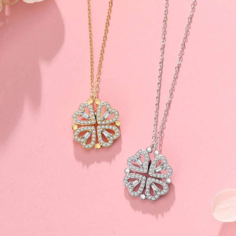 1pc Heart Shaped Four Leaf Clover Pendant Necklace Jewelry Zircon Women Love Clavicle Chain Gifts Openable ChokerJewelry  (GoldenCity)