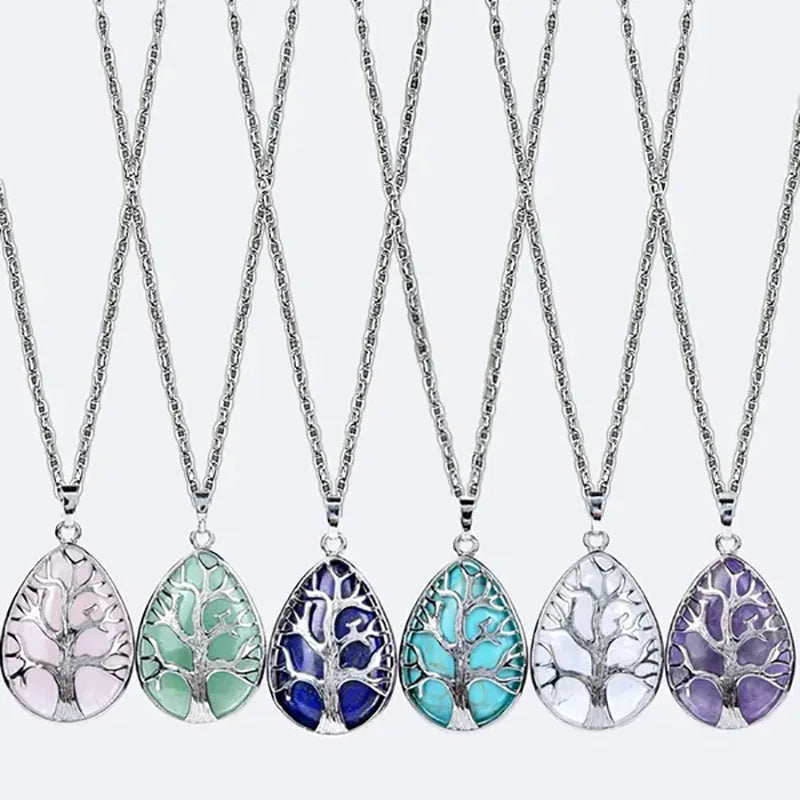 Tree of Life Natural Gemtone Crystal Amethyst Rose Quartz Tiger Eye Stone Water Drop Pendant Necklace for Women Men Jewelry  (GoldenCity)