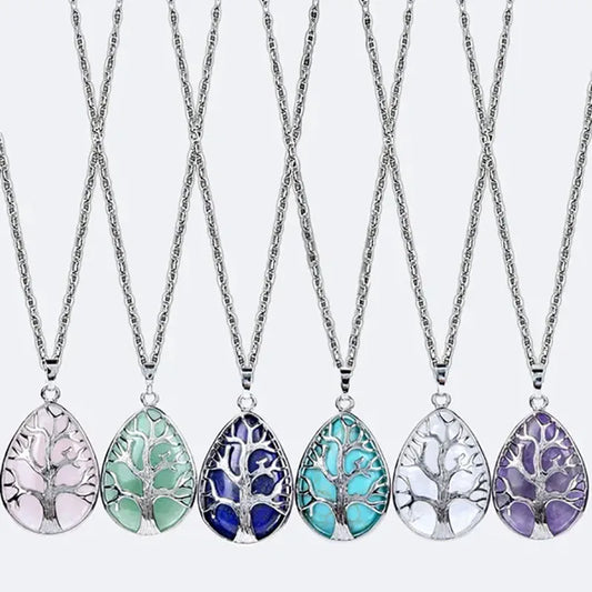 Tree of Life Natural Gemtone Crystal Amethyst Rose Quartz Tiger Eye Stone Water Drop Pendant Necklace for Women Men Jewelry  (GoldenCity)