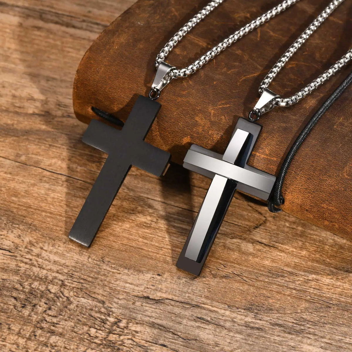 Chunky Double Layers Cross Necklaces for Men, Two Tones Cross Pendant with Box Chain, Religion Prayer Collar  (GoldenCity)
