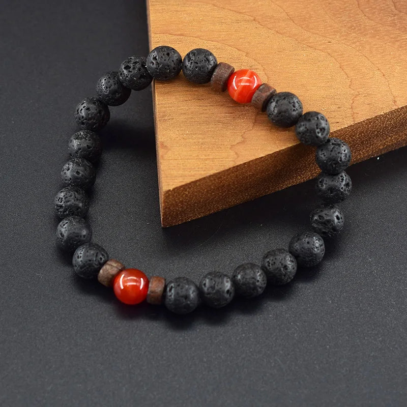 Natural Stone Red Stripe Agate Beads Bracelet Women Men Genuine Red Carnelian Round Bangle Natural Volcanic Stone Bracelet Gift  (GoldenCity)