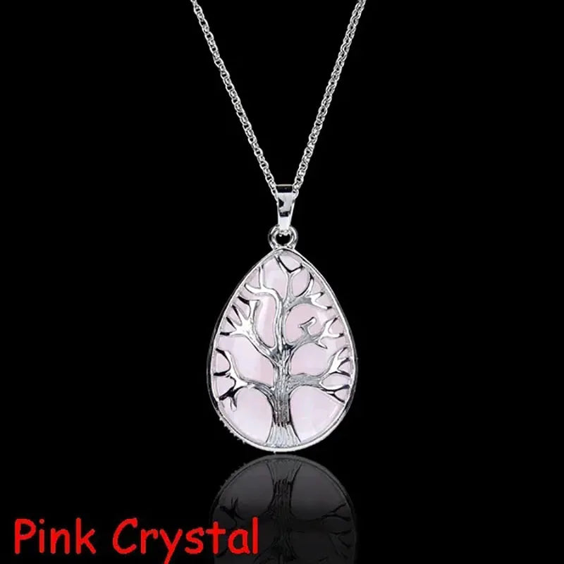 Tree of Life Natural Gemtone Crystal Amethyst Rose Quartz Tiger Eye Stone Water Drop Pendant Necklace for Women Men Jewelry  (GoldenCity)