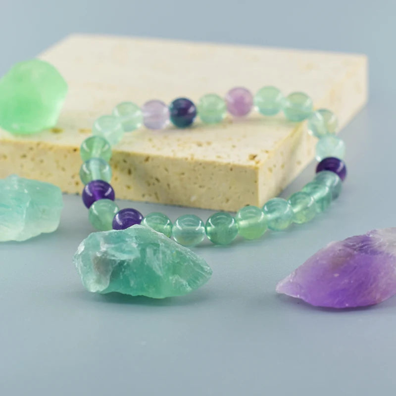 Fluorite Bracelet with Natural Stones 6 8 10mm Beads Charm Jewelry for Women Amethyst Crystal Agates Beads Energy Healing Bangle  (GoldenCity)