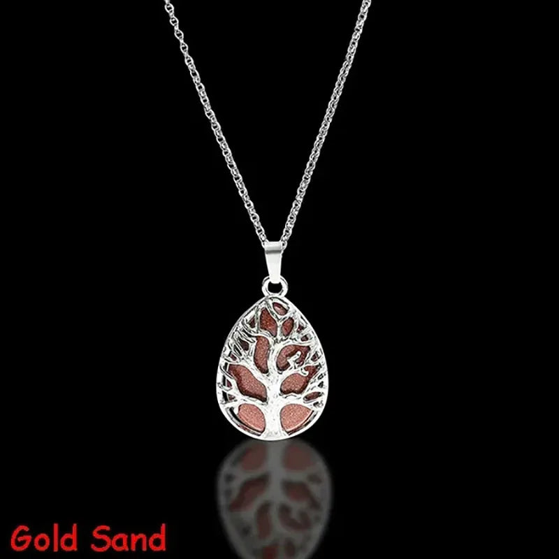 Tree of Life Natural Gemtone Crystal Amethyst Rose Quartz Tiger Eye Stone Water Drop Pendant Necklace for Women Men Jewelry  (GoldenCity)