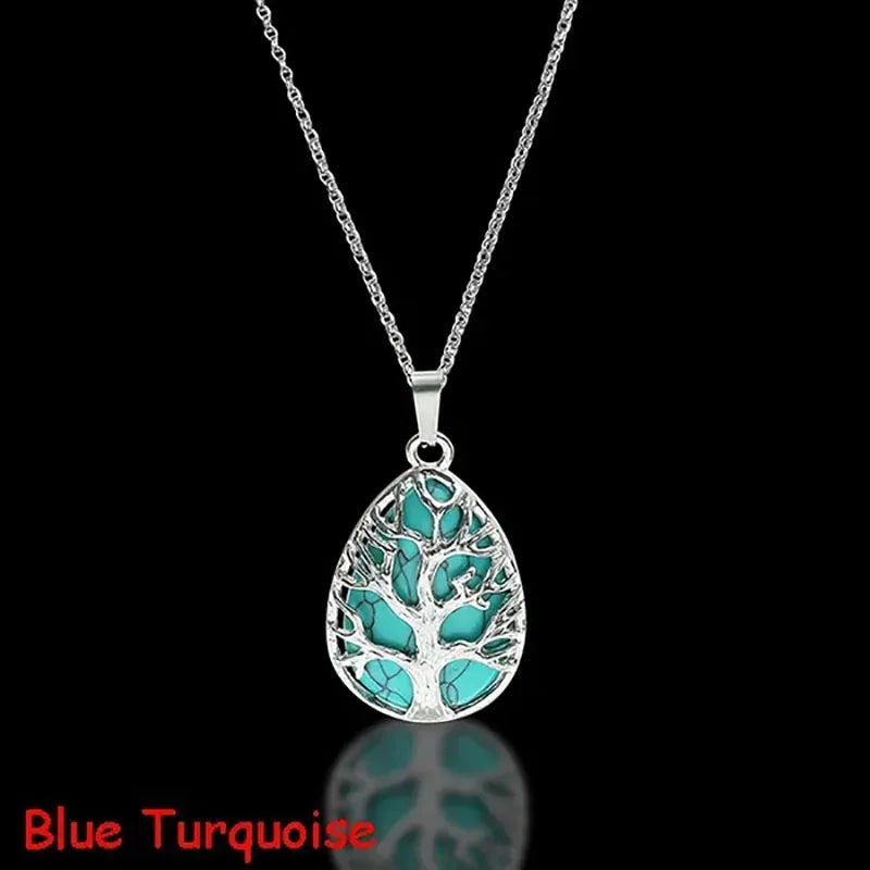 Tree of Life Natural Gemtone Crystal Amethyst Rose Quartz Tiger Eye Stone Water Drop Pendant Necklace for Women Men Jewelry  (GoldenCity)