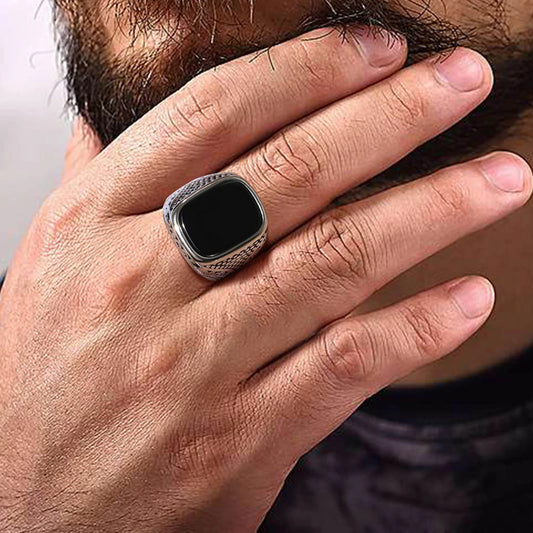 Rock Punk Onyx Stone Rings for Men, Stylish Solid Stainless Steel Metal Signet Ring,Cool Fashion Gifts for Him Jewelry  (GoldenCity)