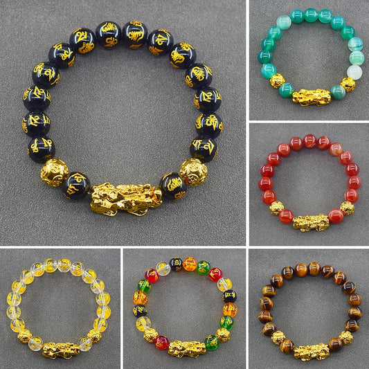Pixiu Bracelet Feng Shui Wealth and Good Luck Bracelet Homme Wristband Gold Color Obisidian Stone Beads Black Six Character Gift  (GoldenCity)