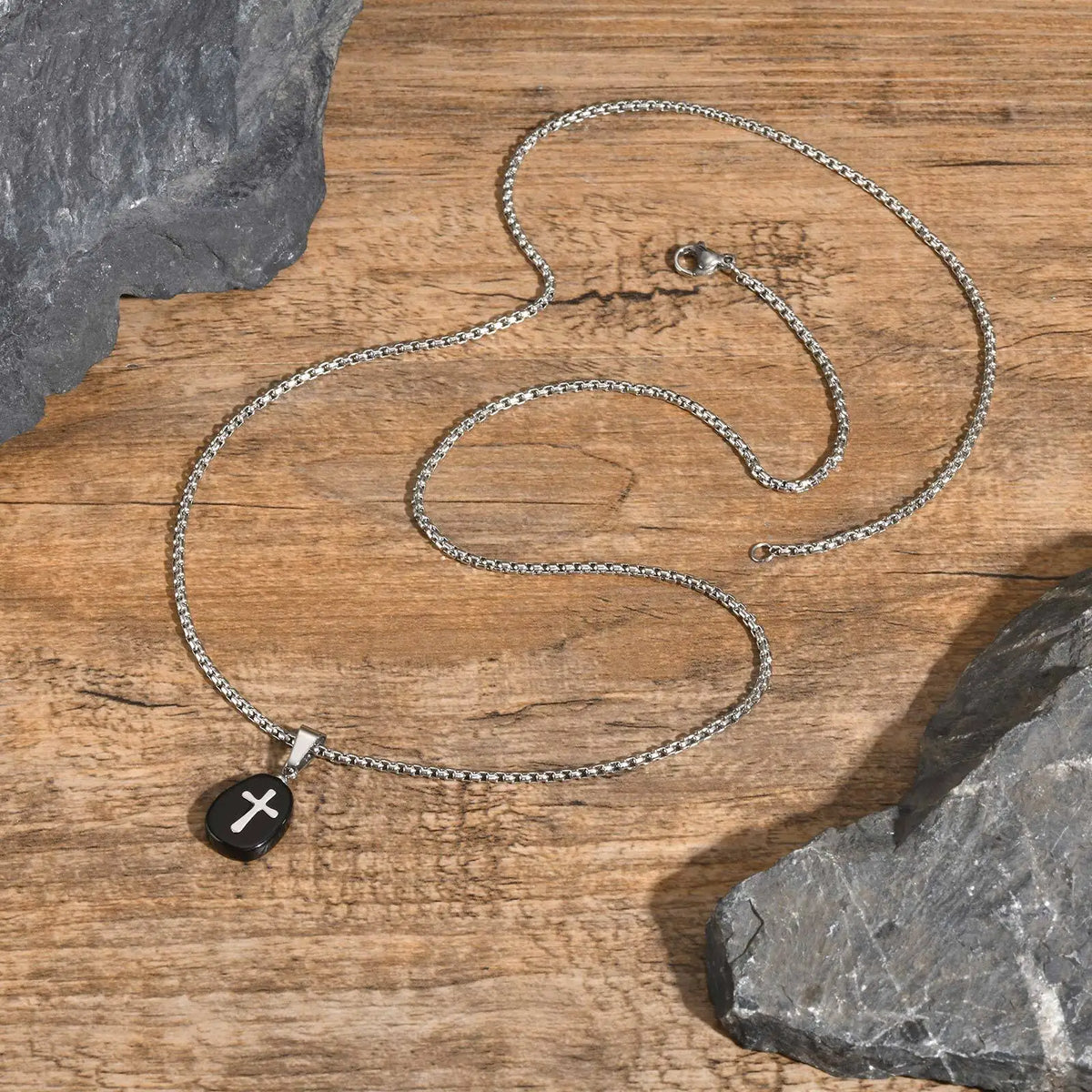 Natural Black Obsidian Stone Pendant, Small Cross Accent Necklaces for Men Women, Stackable Jewelry  (GoldenCity)