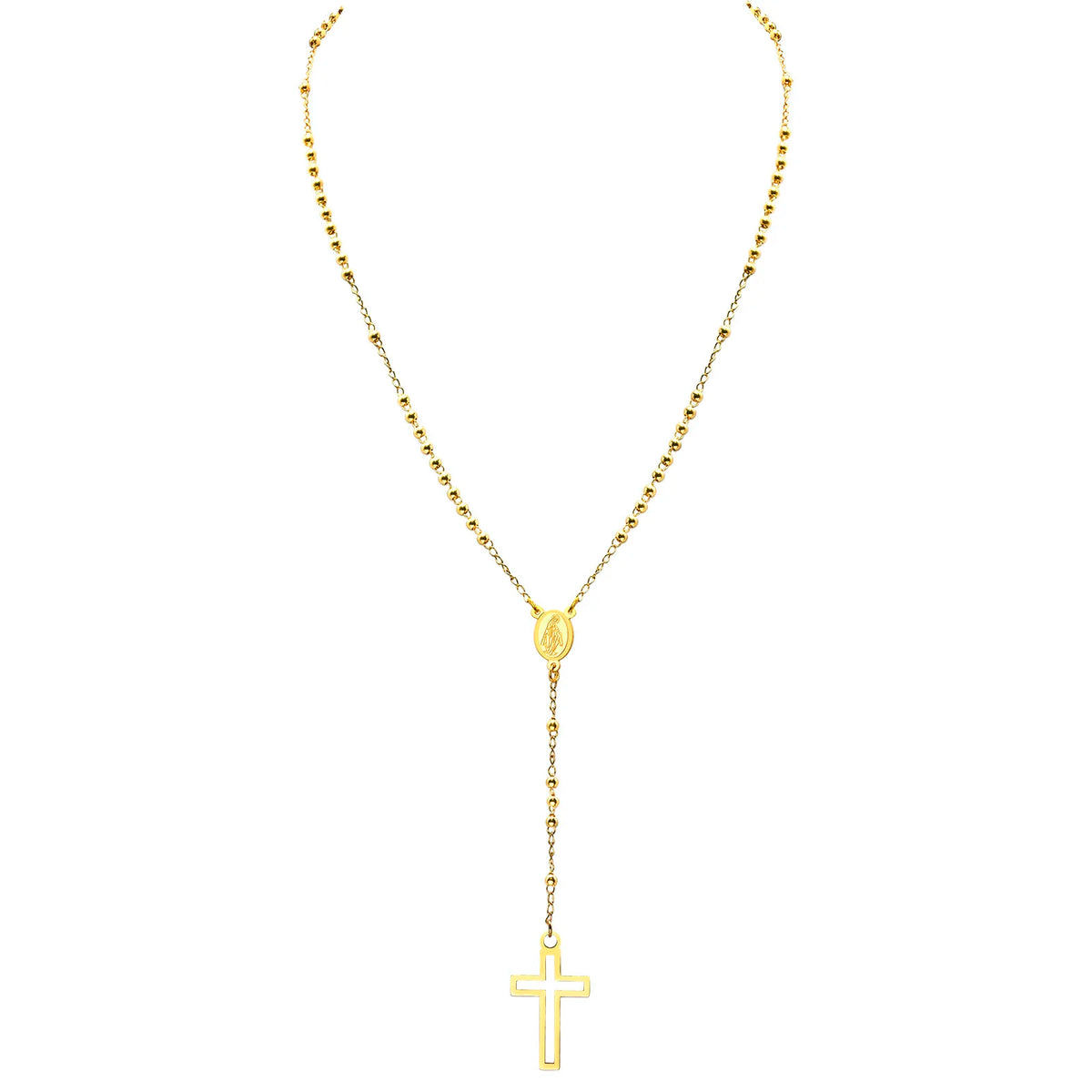Cross Rosary Necklaces for Women, Hollow Cross Maria Pendant, Stainless Steel Christ Jesus Prayer Jewelry  (GoldenCity)