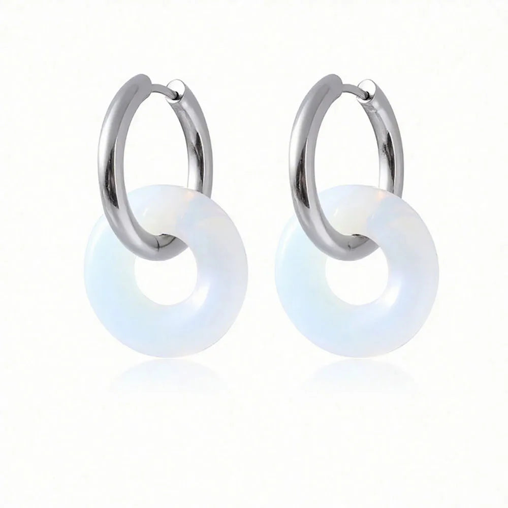 1pair Natural Stone Donut Shaped Stainless Steel Hoop Earrings Ladies Fashion Pink Crystal Agate Malachite Round Women Earrings  (GoldenCity)