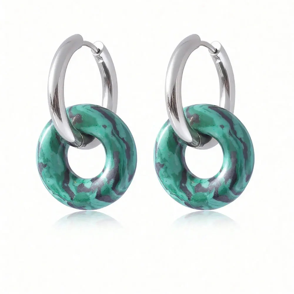 1pair Natural Stone Donut Shaped Stainless Steel Hoop Earrings Ladies Fashion Pink Crystal Agate Malachite Round Women Earrings  (GoldenCity)