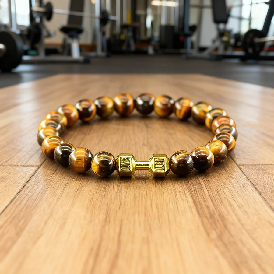 Natural Yellow Tiger Eye Stone Beads Bracelet Men Dumbbell Pendant Accessories Gym Fitness Men Jewelry Gift for Boyfriend Bangle  (GoldenCity)