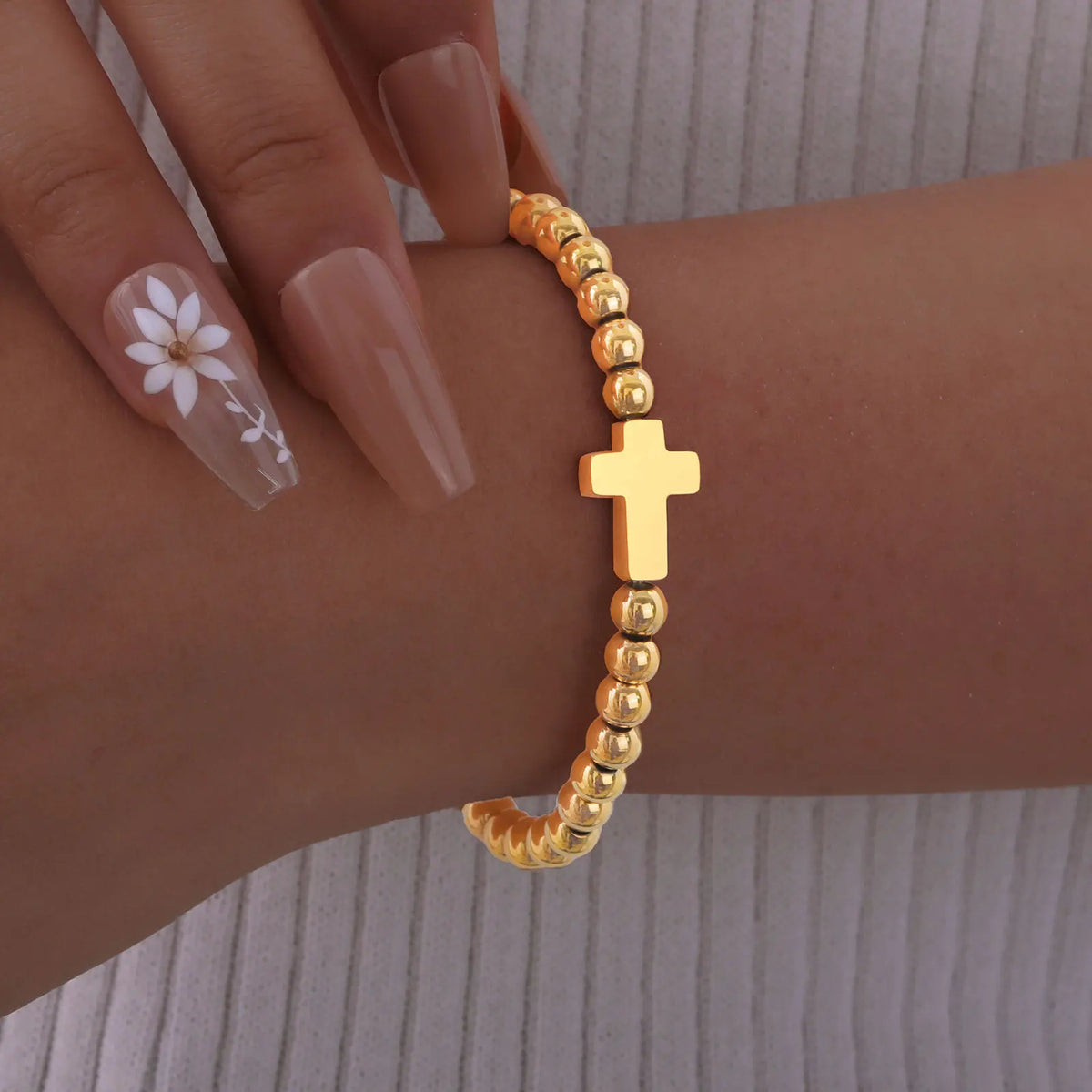 Women Cross Bracelets, Gold Plated Stainless Steel Beads Beaded Bracelets, Fashion Stackable Wristband,Faith Christ Jewelry  (GoldenCity)