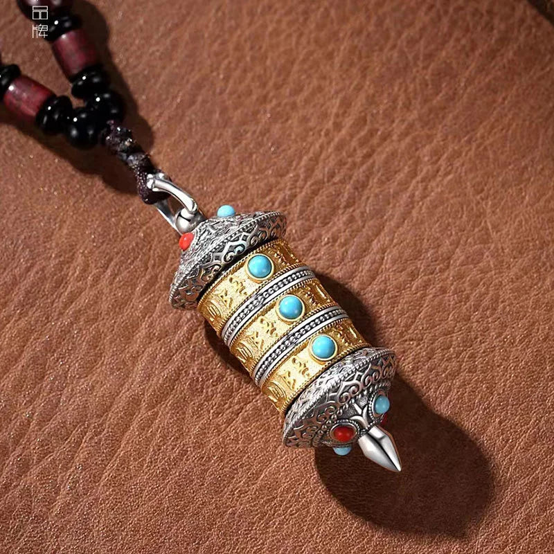 Vintage Prayer Wheel The Six Character Great Bright Mantra Mezuzah Pendant For Men Jewelry Trendy Amulet Necklace Women Gift  (GoldenCity)